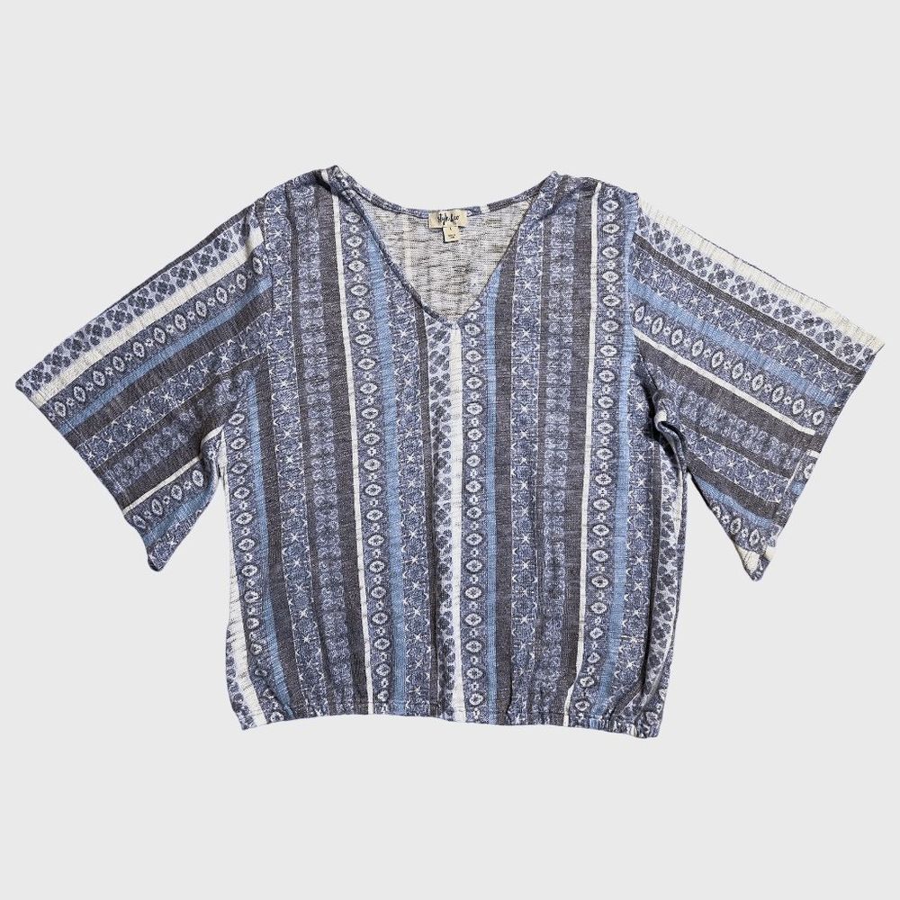 Style & Co Women's Size L Soft Knit Pullover Top Blue White Bell Sleeve